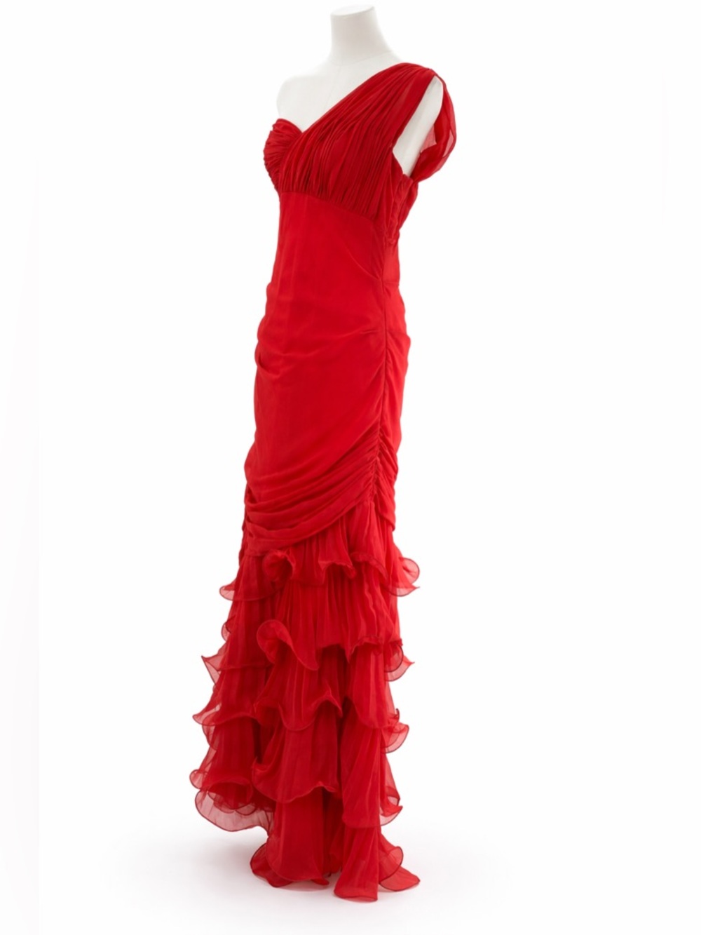 Dalia MacPhee Red One Shoulder Ruffle  Evening Gown Ruched Chiffon Formal  Dress - Picture 7 of 16